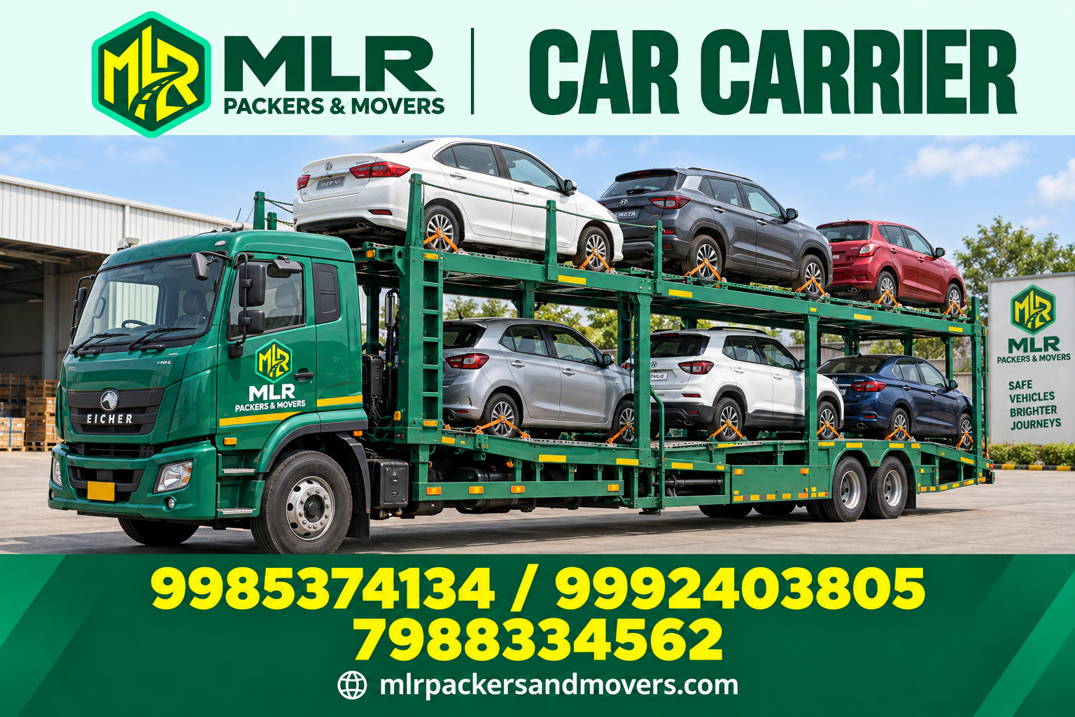 MLR Car Carrier — branded promotional image with logo and phone numbers